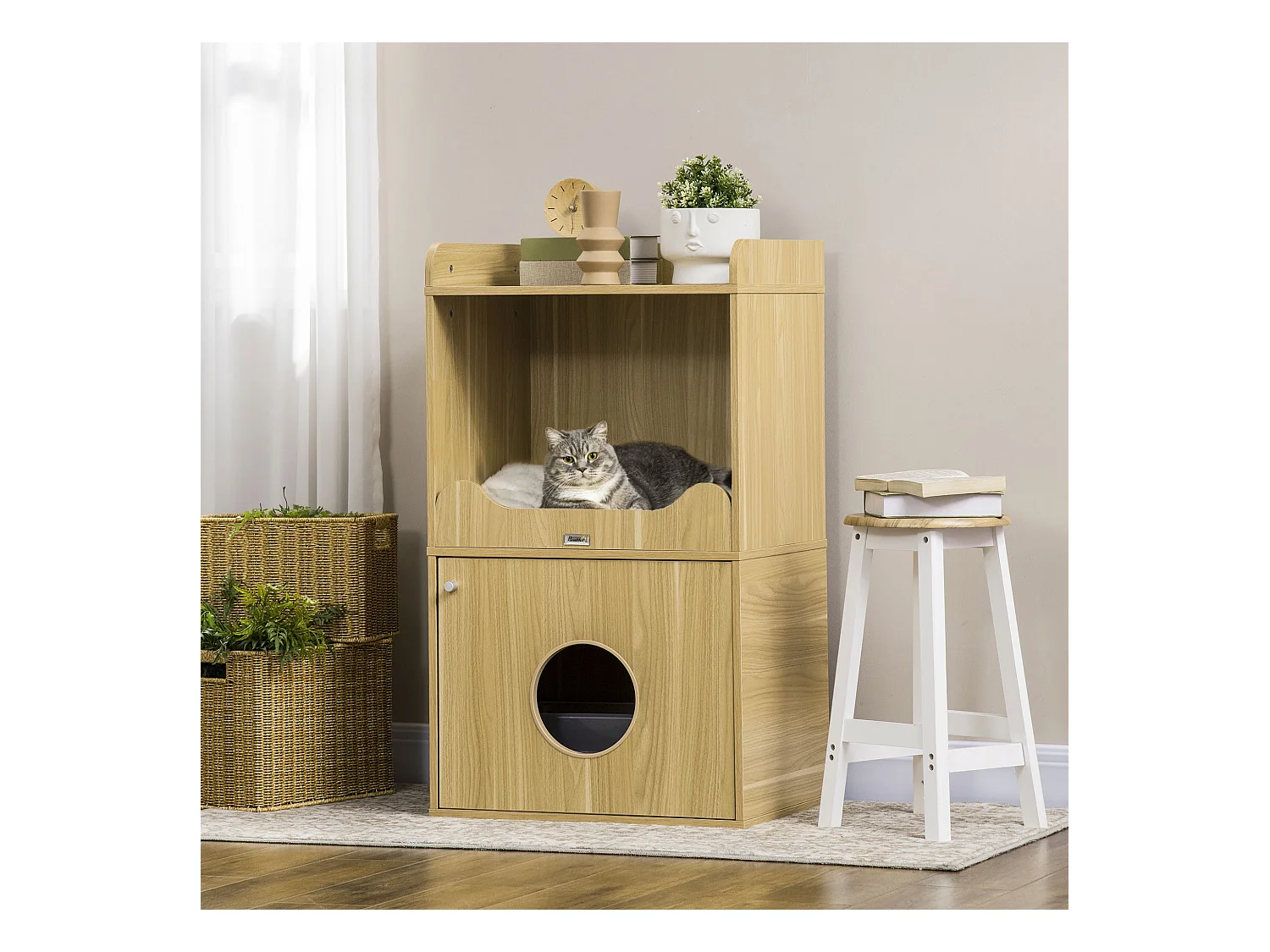Maison de toilette chat - porte, niche avec coussin, plateau - panneaux aspect bois clair