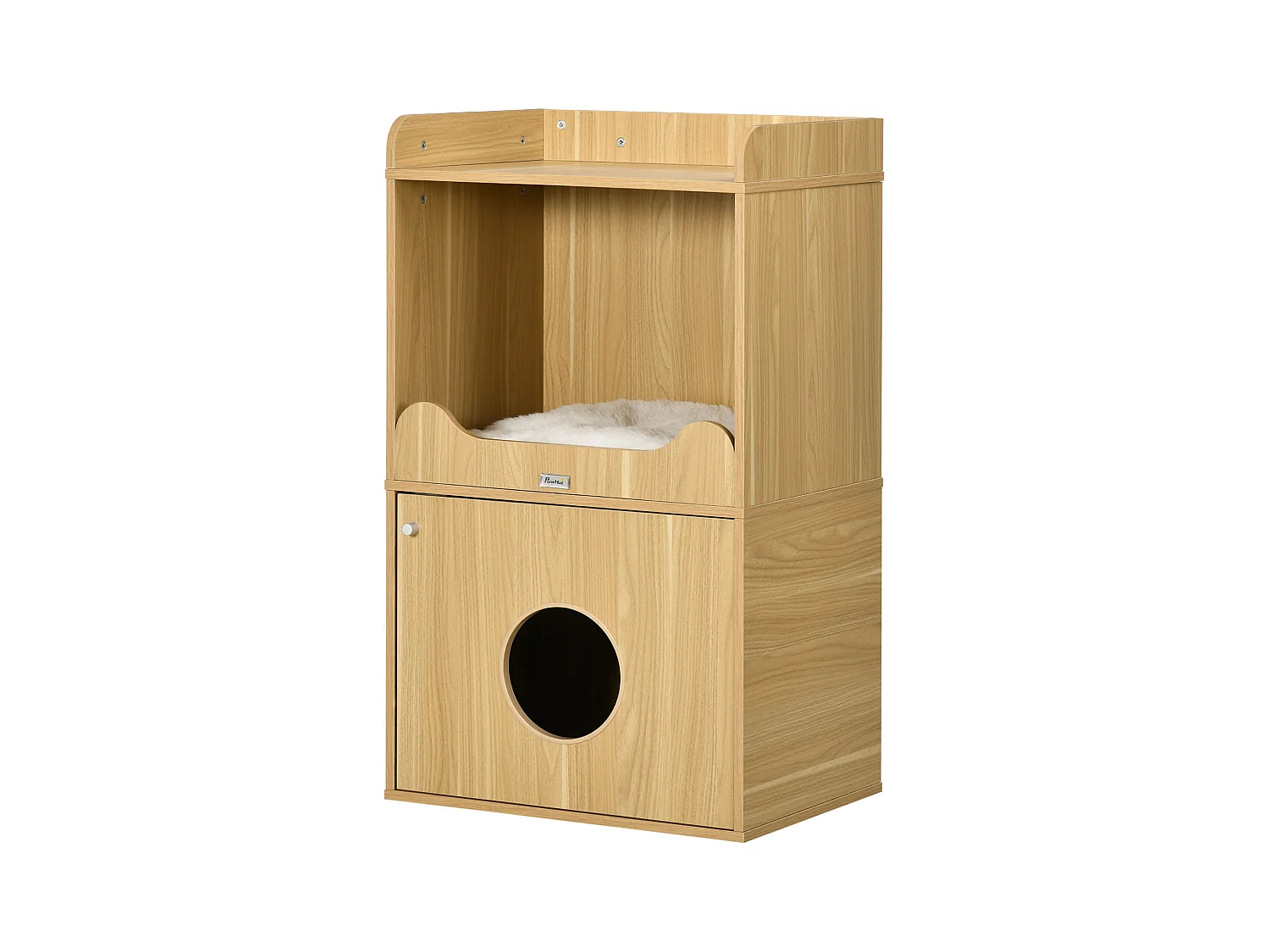 Maison de toilette chat - porte, niche avec coussin, plateau - panneaux aspect bois clair