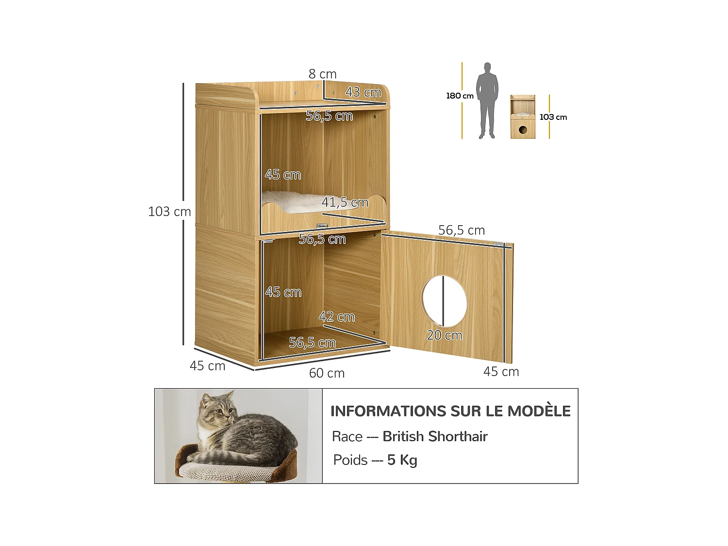 Maison de toilette chat - porte, niche avec coussin, plateau - panneaux aspect bois clair