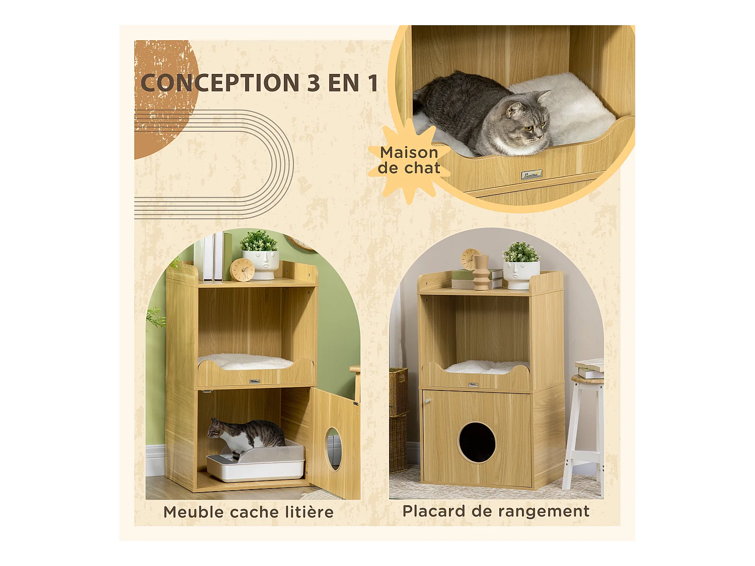 Maison de toilette chat - porte, niche avec coussin, plateau - panneaux aspect bois clair