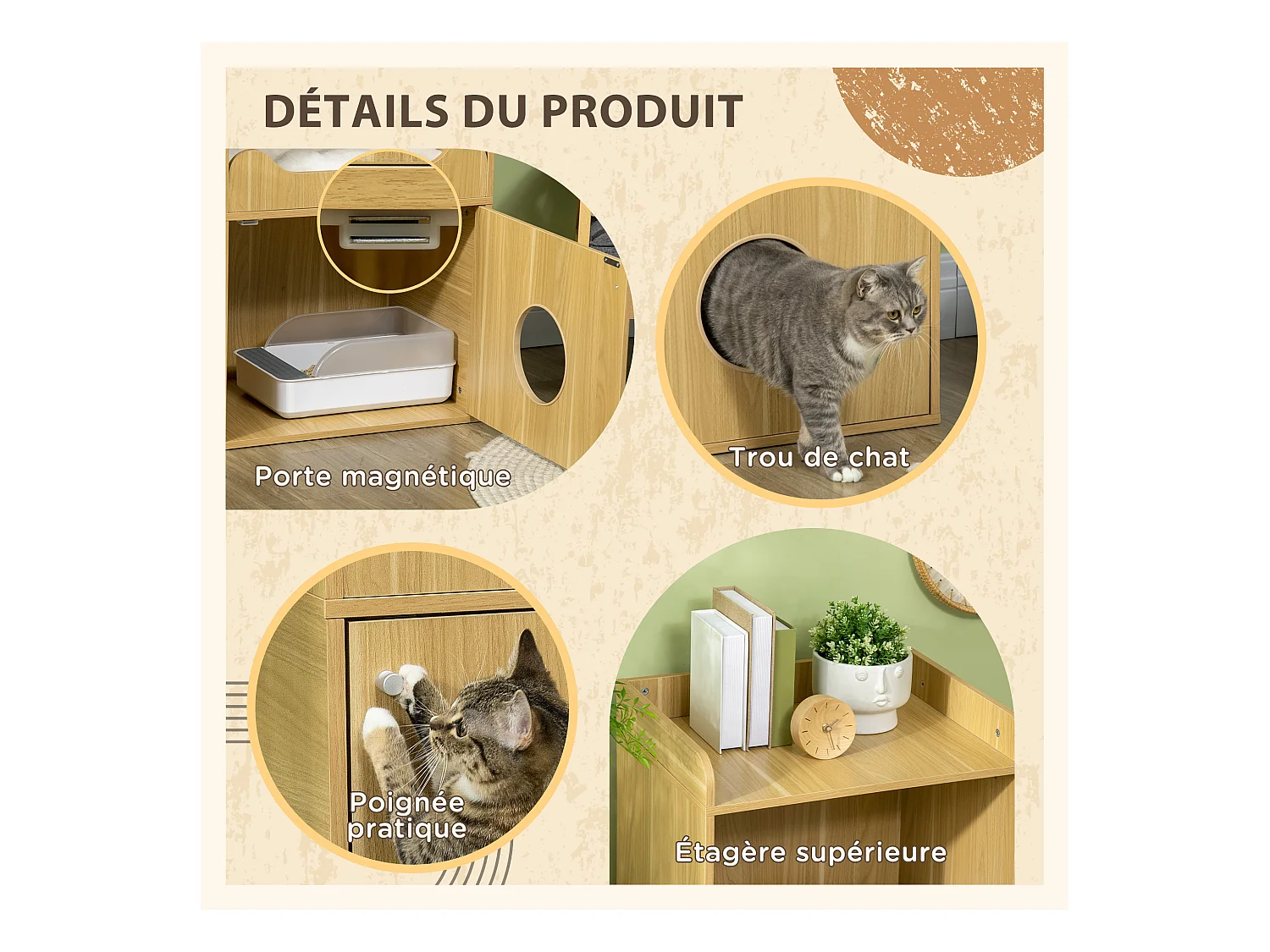 Maison de toilette chat - porte, niche avec coussin, plateau - panneaux aspect bois clair