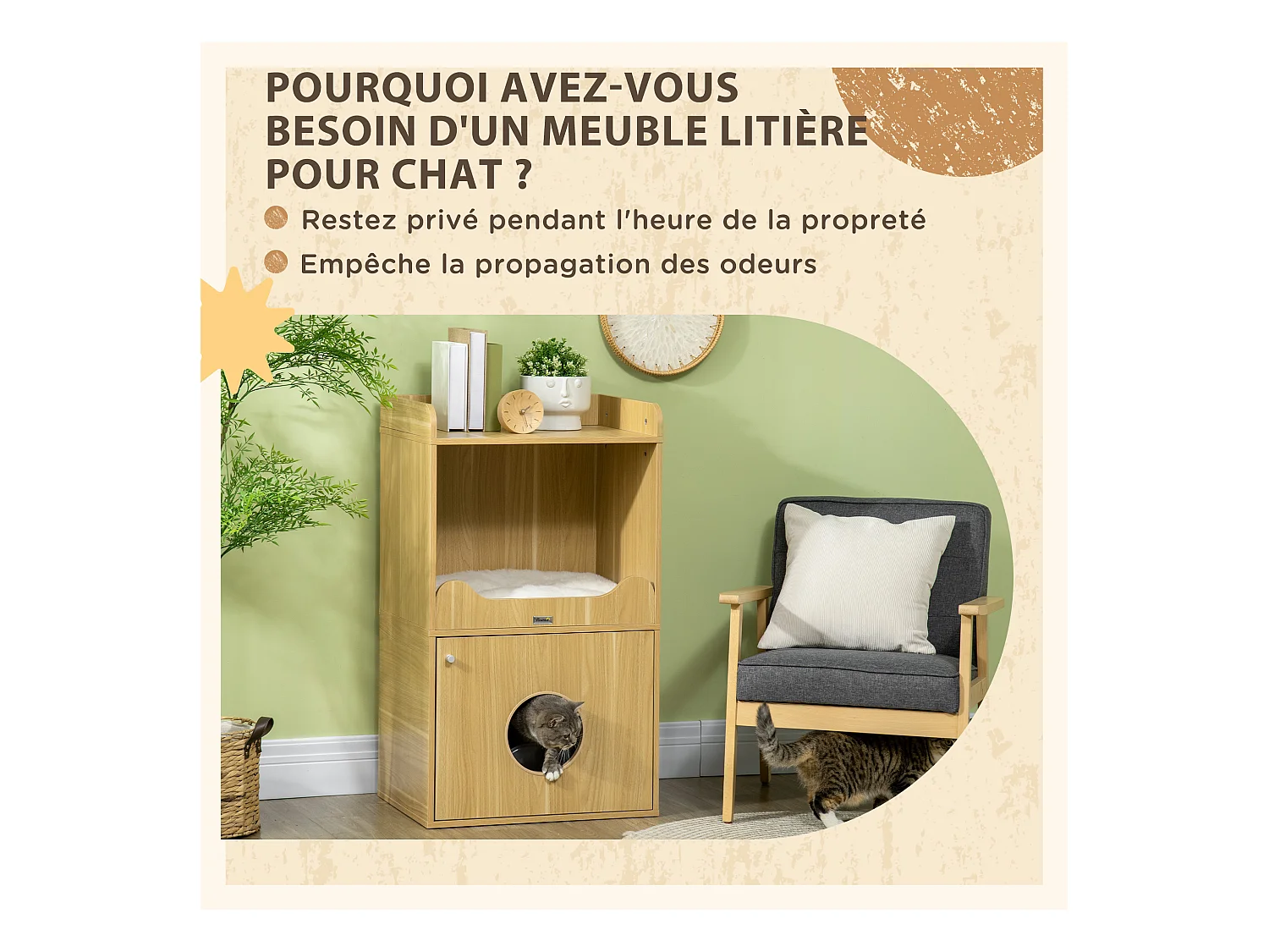 Maison de toilette chat - porte, niche avec coussin, plateau - panneaux aspect bois clair