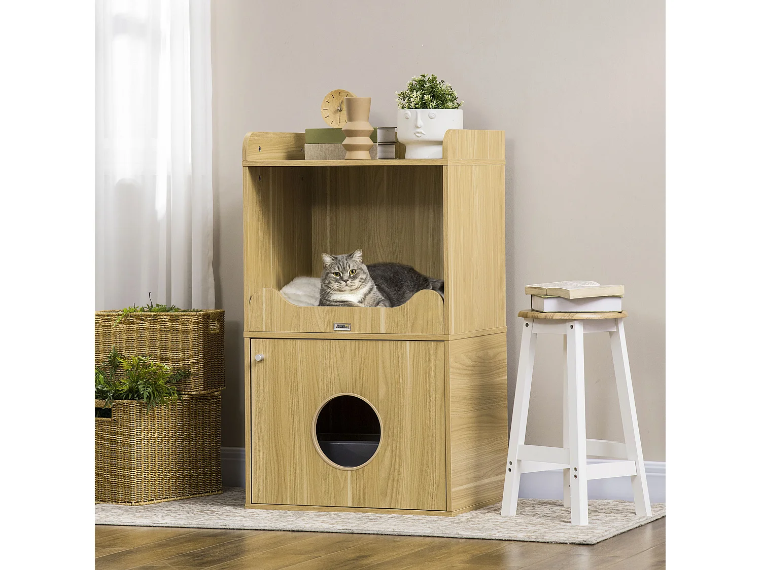 Maison de toilette chat - porte, niche avec coussin, plateau - panneaux aspect bois clair