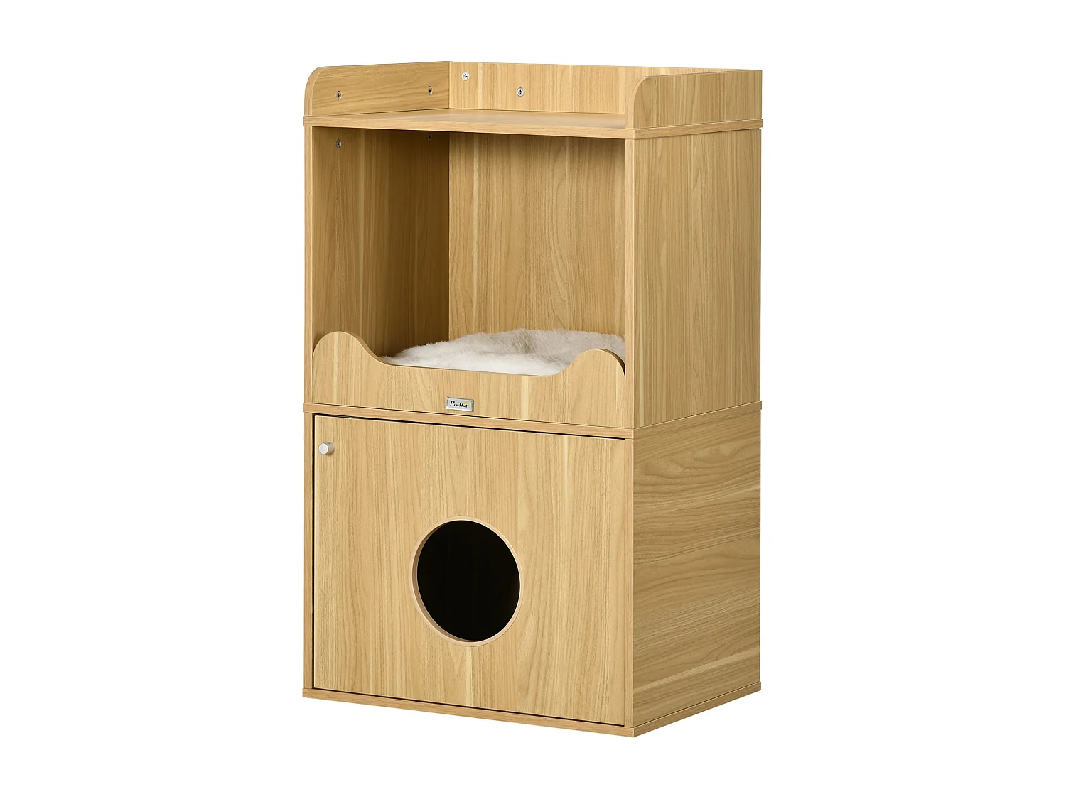 Maison de toilette chat - porte, niche avec coussin, plateau - panneaux aspect bois clair