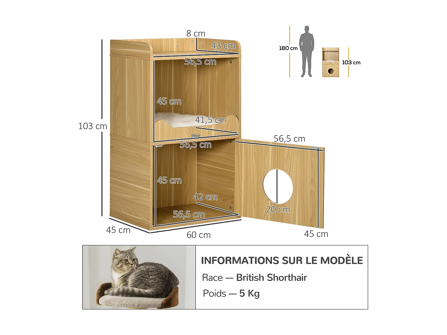 Maison de toilette chat - porte, niche avec coussin, plateau - panneaux aspect bois clair