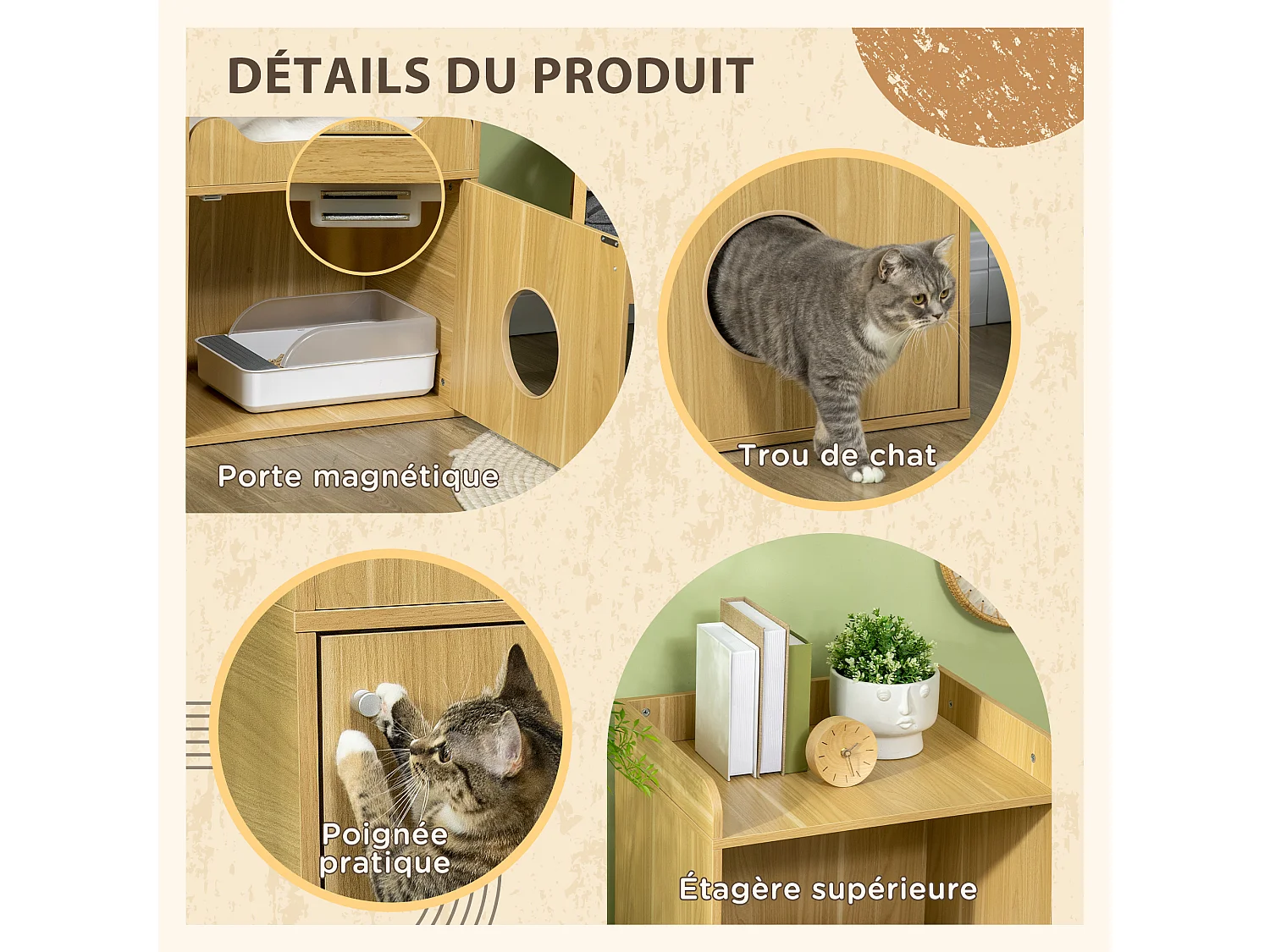 Maison de toilette chat - porte, niche avec coussin, plateau - panneaux aspect bois clair