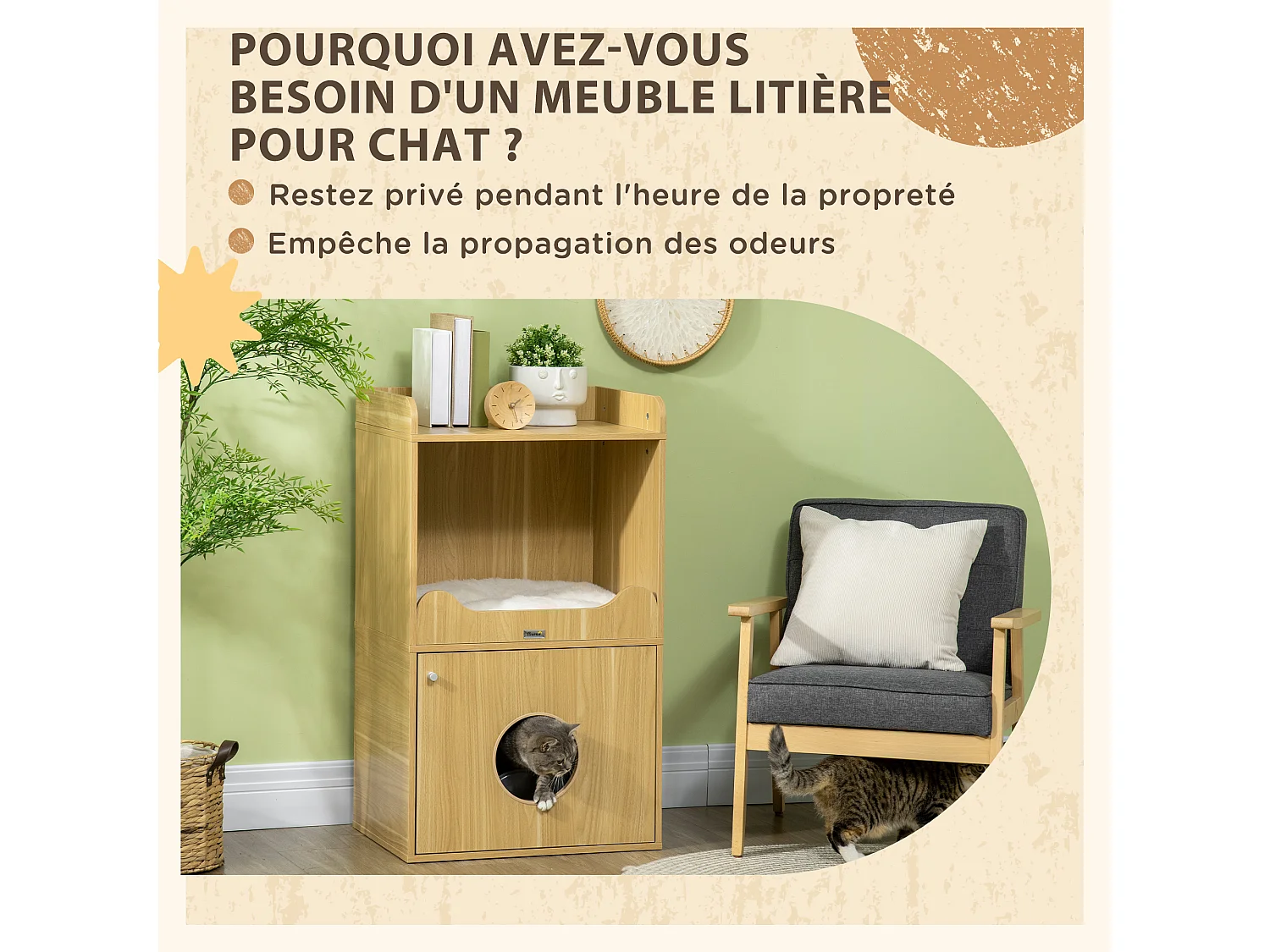 Maison de toilette chat - porte, niche avec coussin, plateau - panneaux aspect bois clair