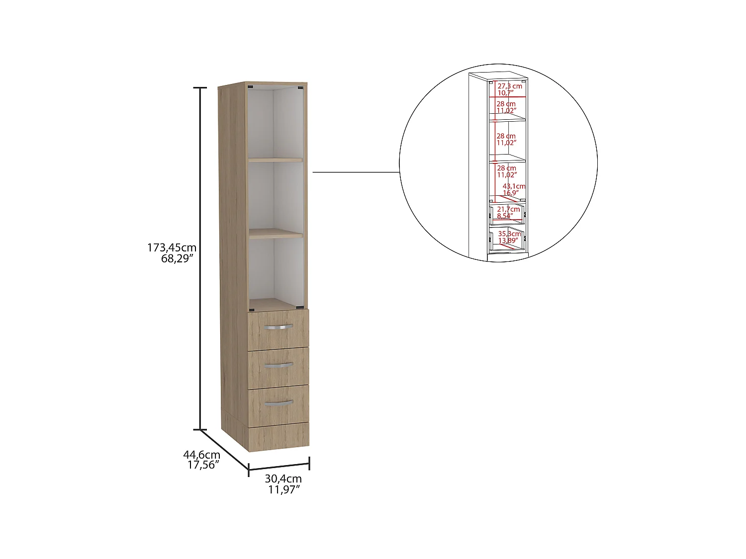 Mobile da bagno Vanguard, con quattro cassetti 17,56CM L X 30,4CM L X 173,45CM H Rovere / Bianco