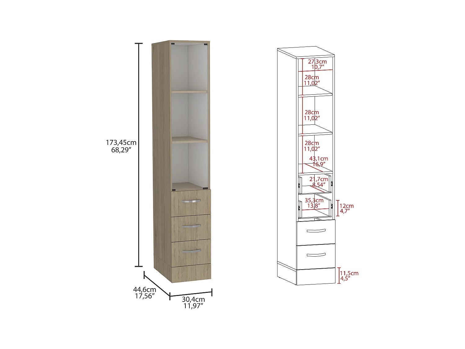 Mobile da bagno Vanguard, con quattro cassetti 17,56CM L X 30,4CM L X 173,45CM H Rovere / Bianco