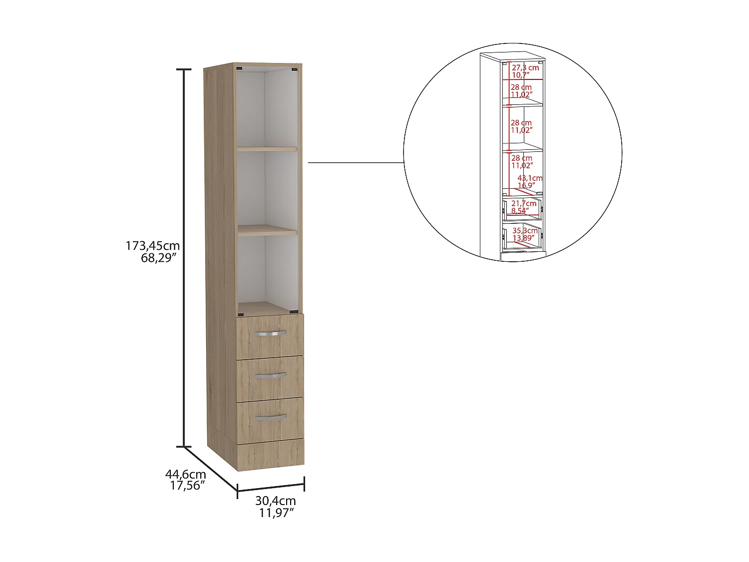 Armario de Baño Vanguard, con cuatro cajones 17.56CM P X 30.4CM L X 173.45CM A Rovere / Blanco