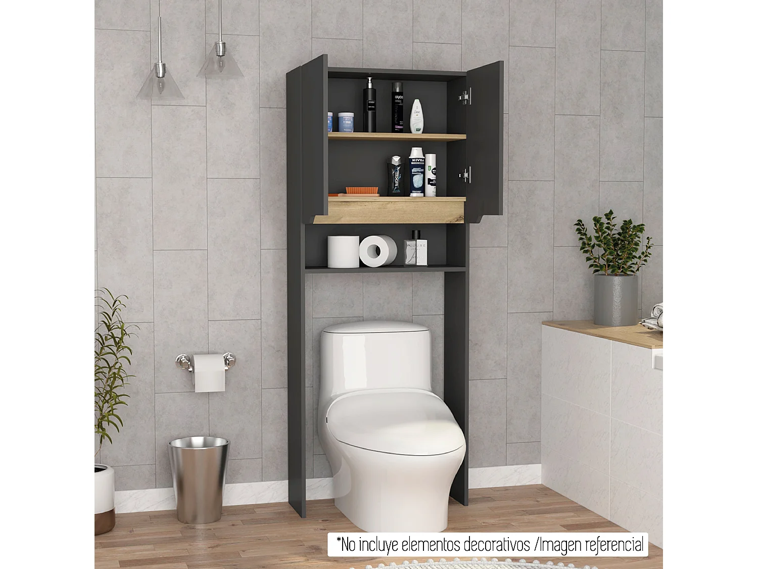Estanteria de Baño Sobre Inodoro Laurent, con dos puertas  160 CM A X 63.1 CM An X 25 CM P. Plomo / Duna
