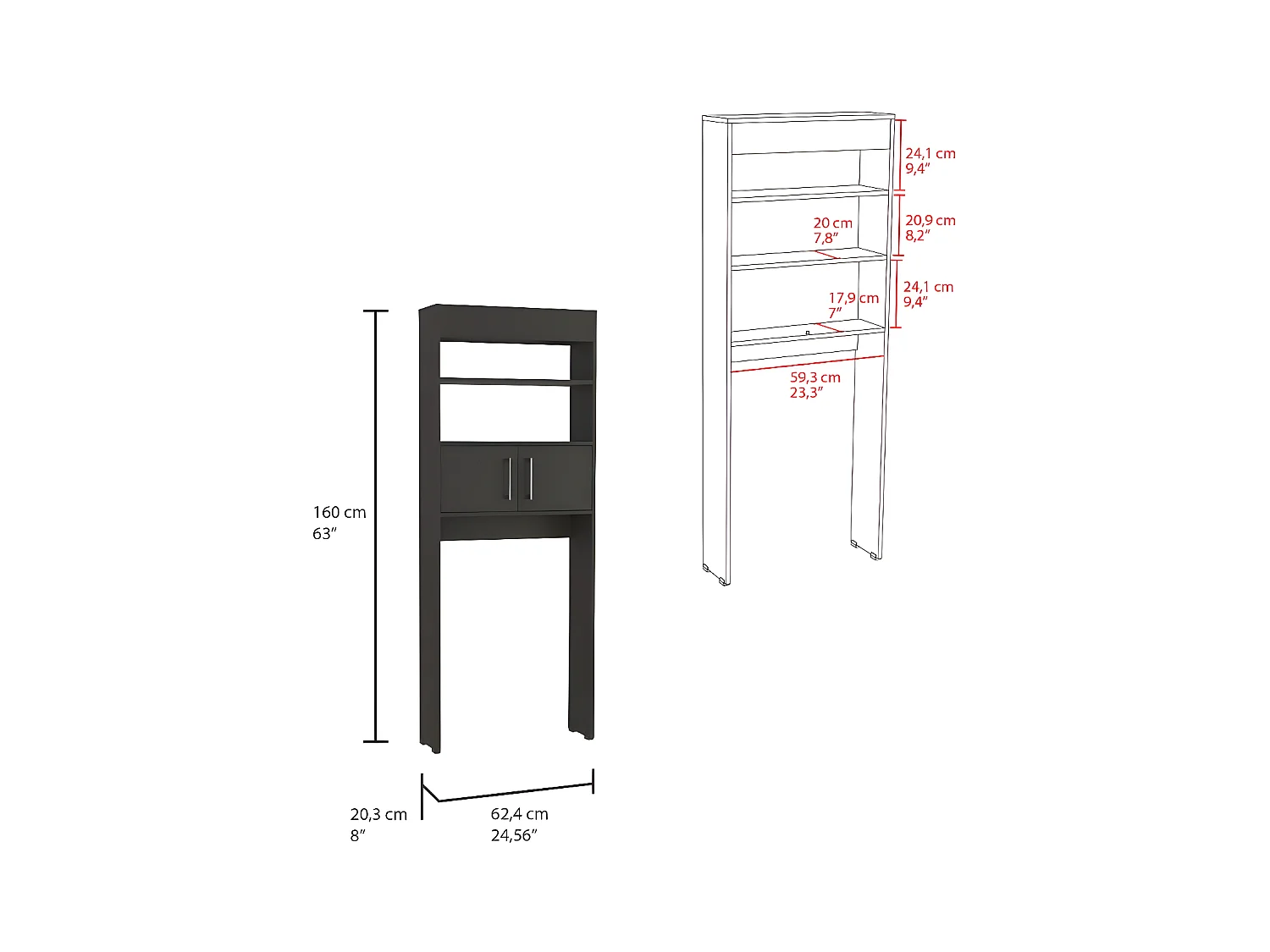 Mensola da bagno sopra il wc Madrid, con due ante e ripiani 160 CM L X 20,3 CM P X 62,4 CM L Nero