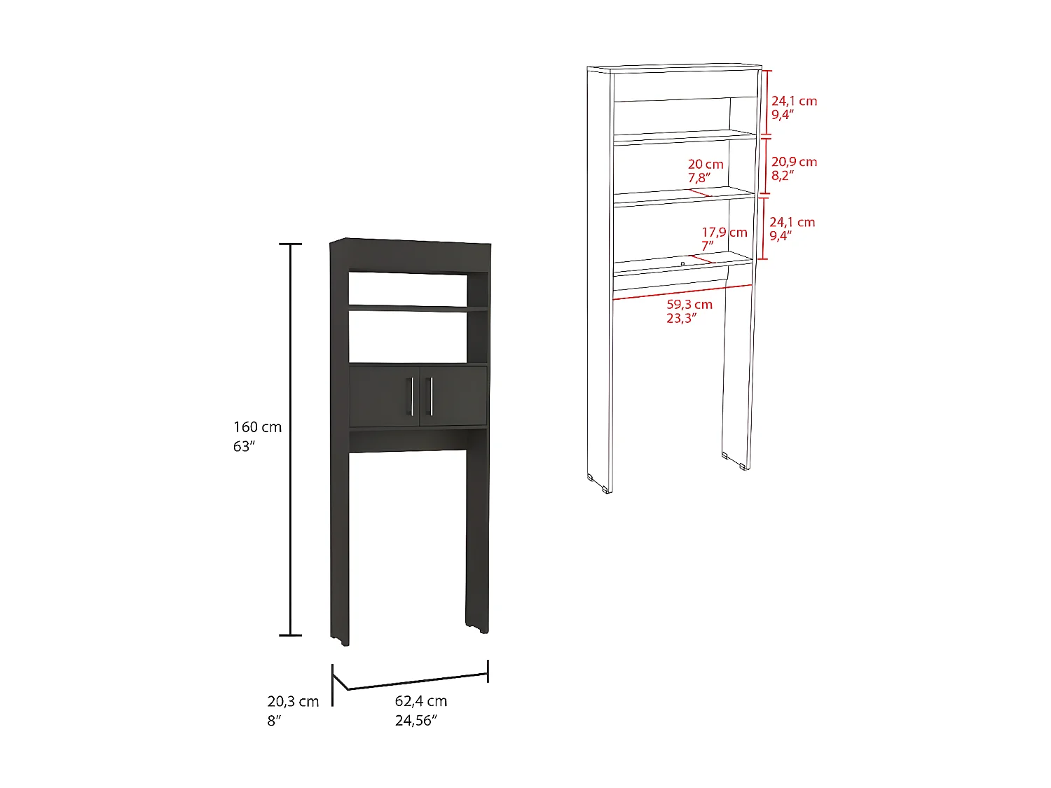Estanteria de Baño Sobre Inodoro Madrid, con dos puertas y estantes 160CM A X 20.3CM AN X 62.4CM L Wengue