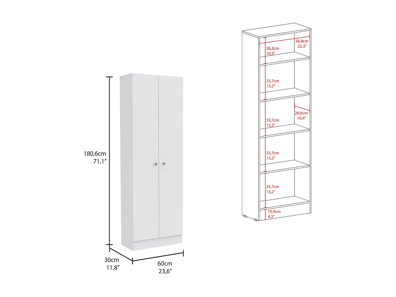 Armadio multifunzionale Z 60, con due ante e ripiani 180,3CM L X 60CM L X 30CM P. Bianco