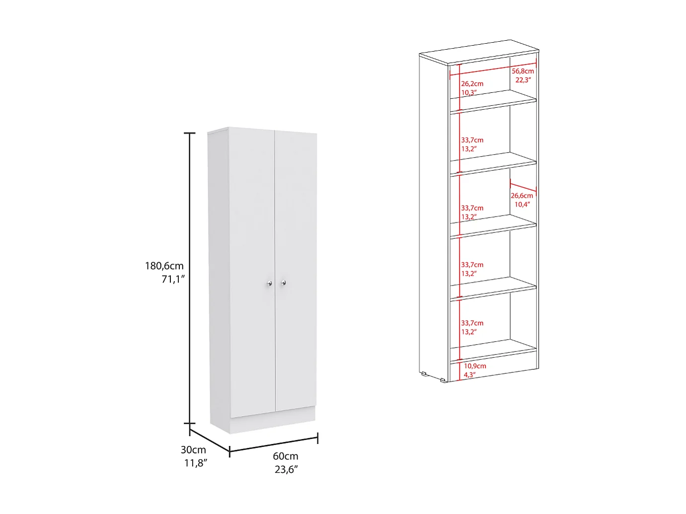 Armário multifunções Z 60, em melamina, com duas portas e cinco prateleiras, 180.6 x 60 x 30 cm, branco
