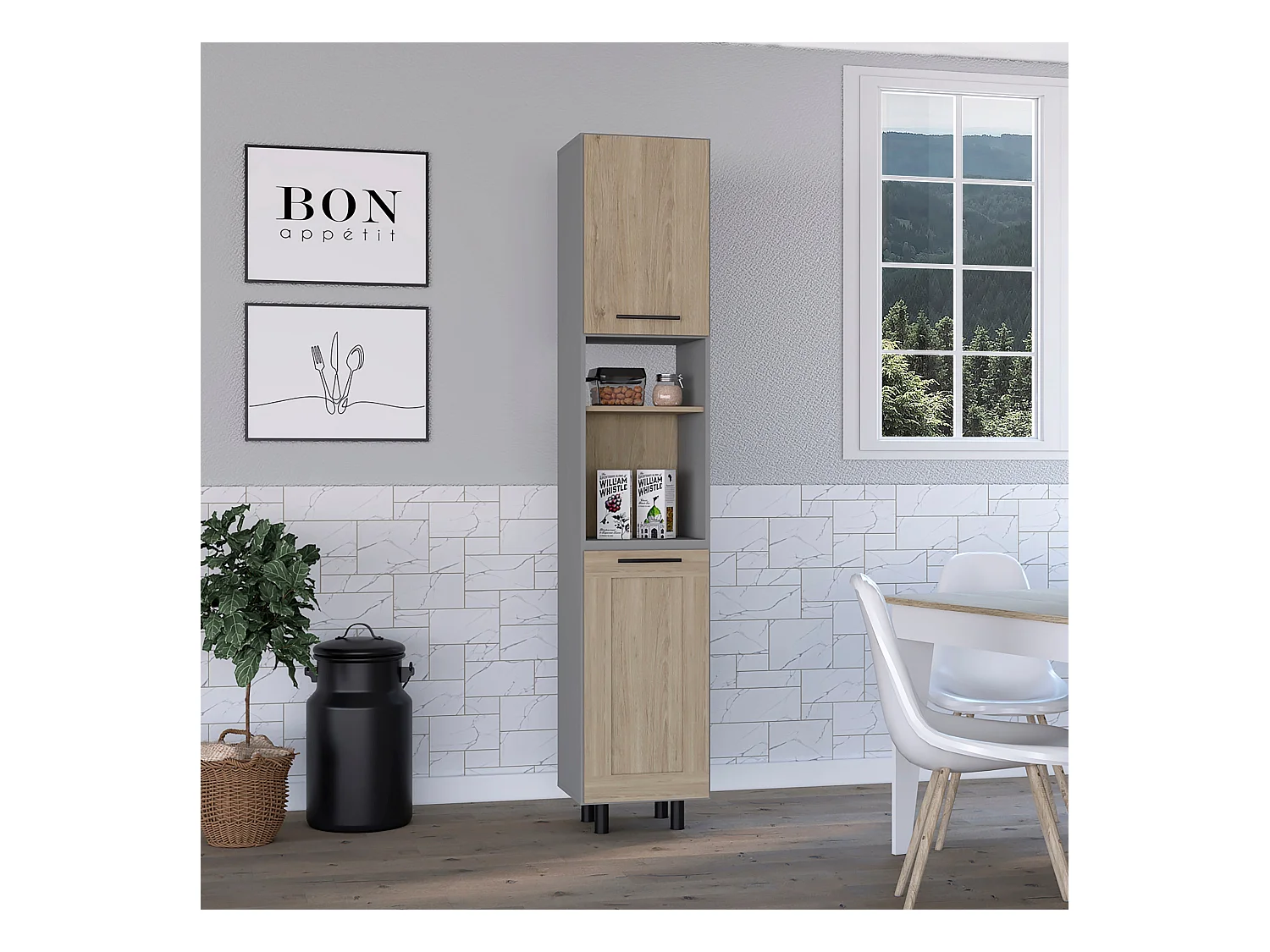 Cuisine haute Hasselt, avec deux armoires de rangement et étagères intérieures, 208,4 cm à x 13,75 cm P x 15,75 cm L, gris / rovere