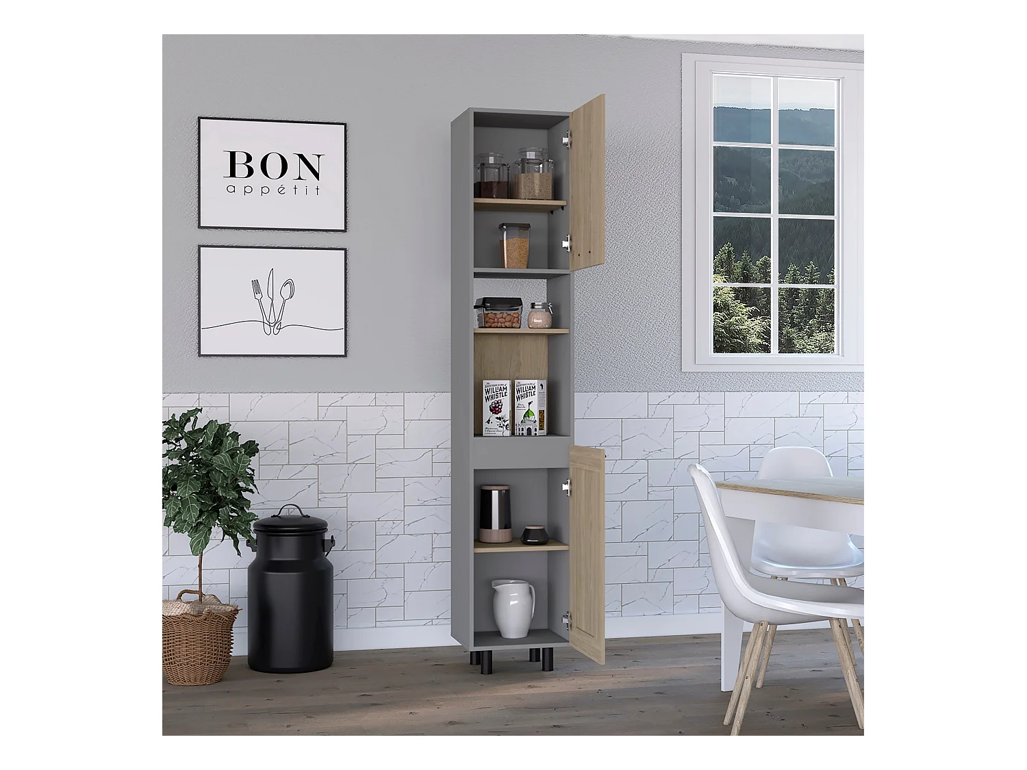 Cuisine haute Hasselt, avec deux armoires de rangement et étagères intérieures, 208,4 cm à x 13,75 cm P x 15,75 cm L, gris / rovere