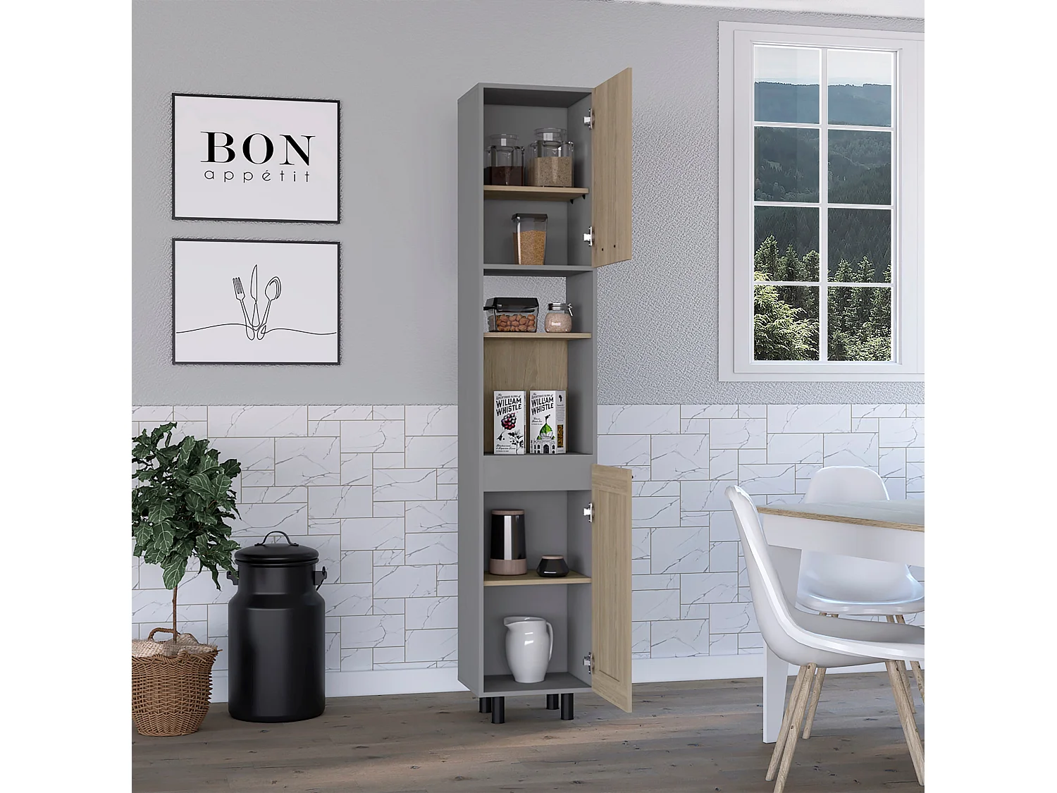 Dispensa alta da cucina Hasselt, con più ripiani 208,4 CM L X 13,75CM P X 15,75CM L Grigio / Rovere