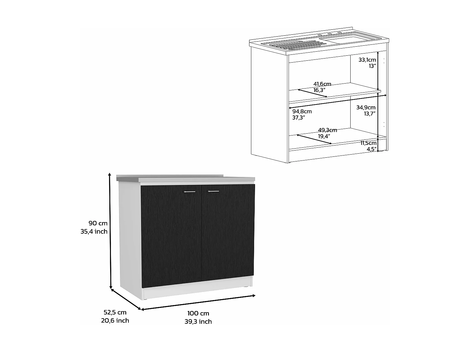 Mueble de cocina Nápoles, con fregadero  90CM A X 52.5CM P X 100CM L Blanco/Negro