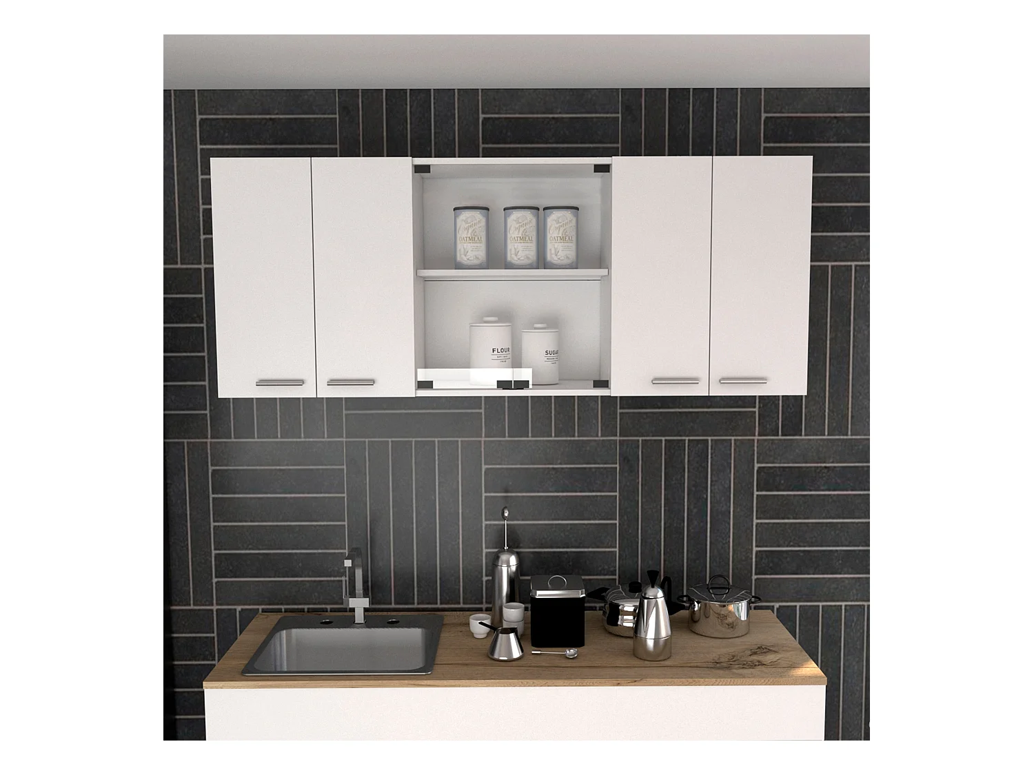 Meubles de cuisine hauts, avec porte en verre et étagères internes, 60 cm à x 31,5 cm P x 150 cm L, blanc.