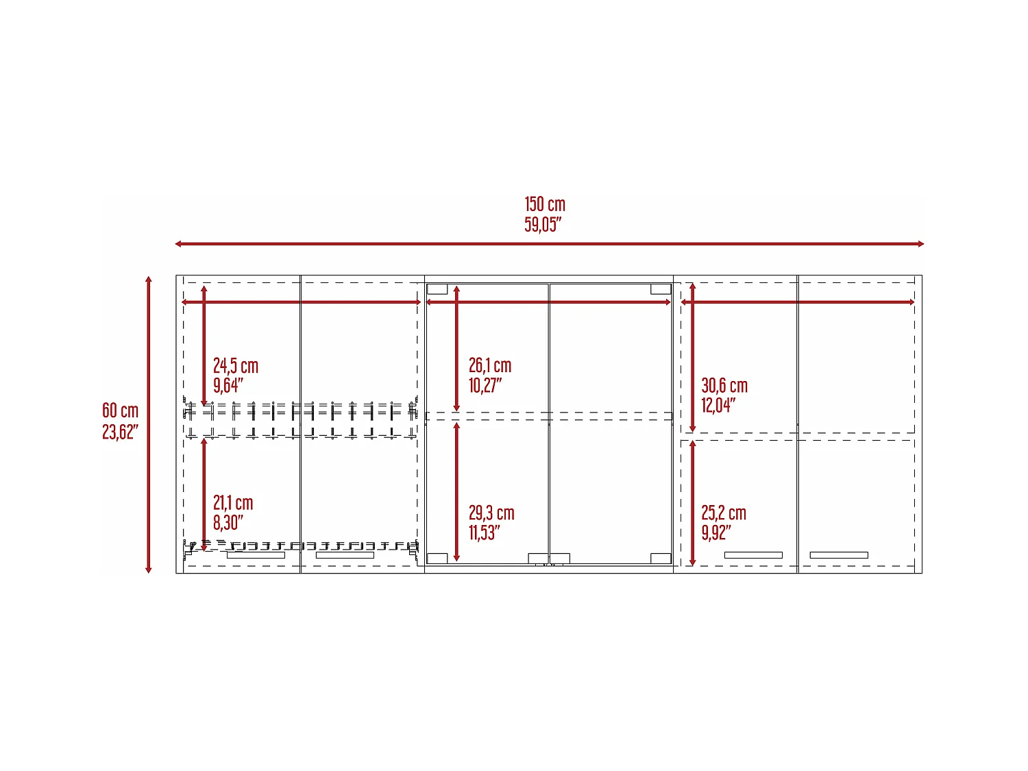 Meubles de cuisine hauts, avec porte en verre et étagères internes, 60 cm à x 31,5 cm P x 150 cm L, blanc.