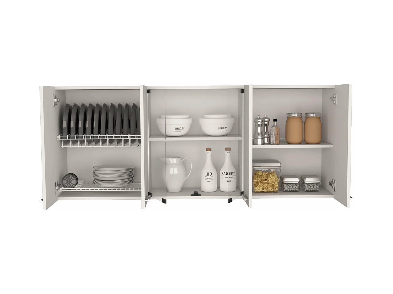 Meubles de cuisine hauts, avec porte en verre et étagères internes, 60 cm à x 31,5 cm P x 150 cm L, blanc.