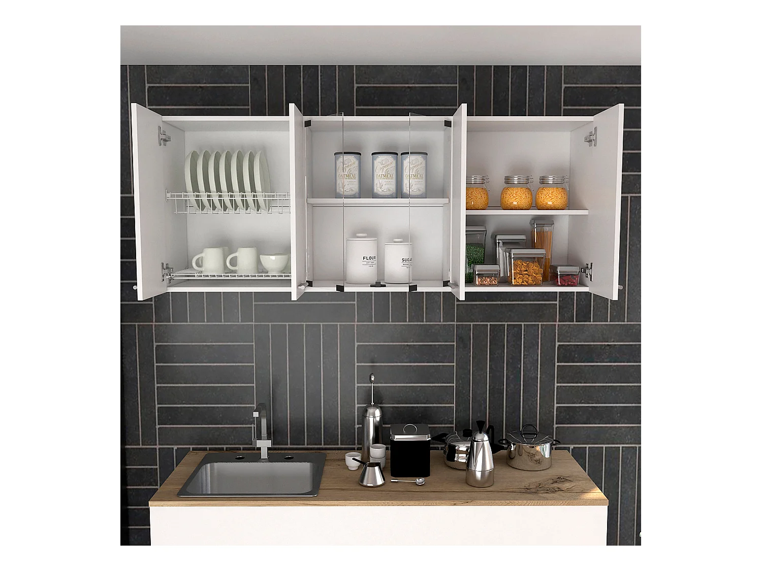 Meubles de cuisine hauts, avec porte en verre et étagères internes, 60 cm à x 31,5 cm P x 150 cm L, blanc.