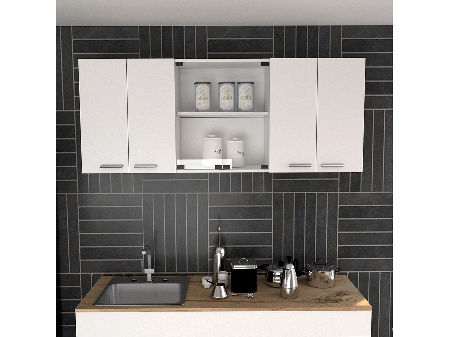 Pensile da cucina con vetro 150, con ante multiple 60CM L X 31,5CM P X 150CM L Bianco