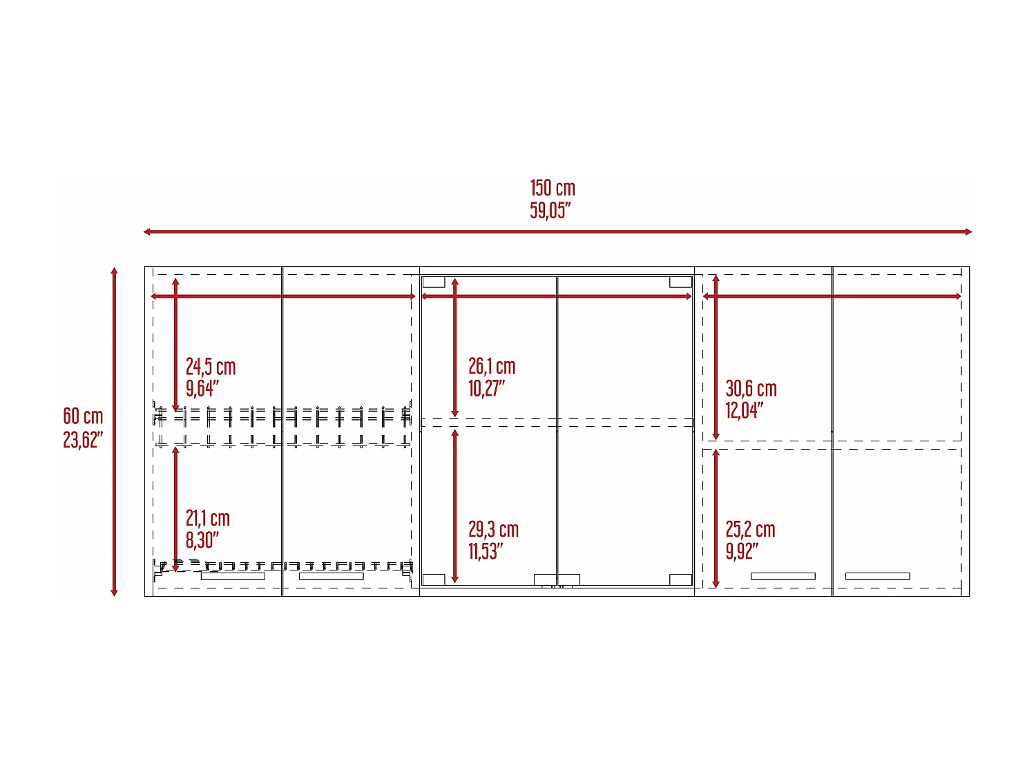 Pensile da cucina con vetro 150, con ante multiple 60CM L X 31,5CM P X 150CM L Bianco