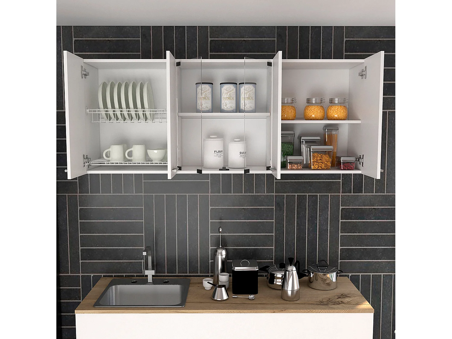 Pensile da cucina con vetro 150, con ante multiple 60CM L X 31,5CM P X 150CM L Bianco