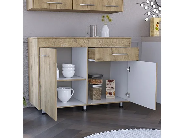 Meubles de cuisine inférieurs Orion, avec un tiroir et des étagères internes, 89,5 cm à x 51,6 cm P x 120,3 cm L, blanc / macadamia