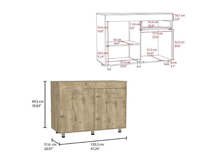 Meubles de cuisine inférieurs Orion, avec un tiroir et des étagères internes, 89,5 cm à x 51,6 cm P x 120,3 cm L, blanc / macadamia