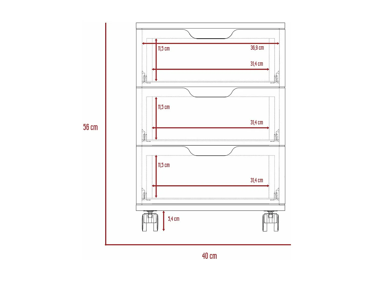 Vilna, schedario per ufficio con ruote 56CM L X 40CM P X 35CM L X 35CM P / bianco