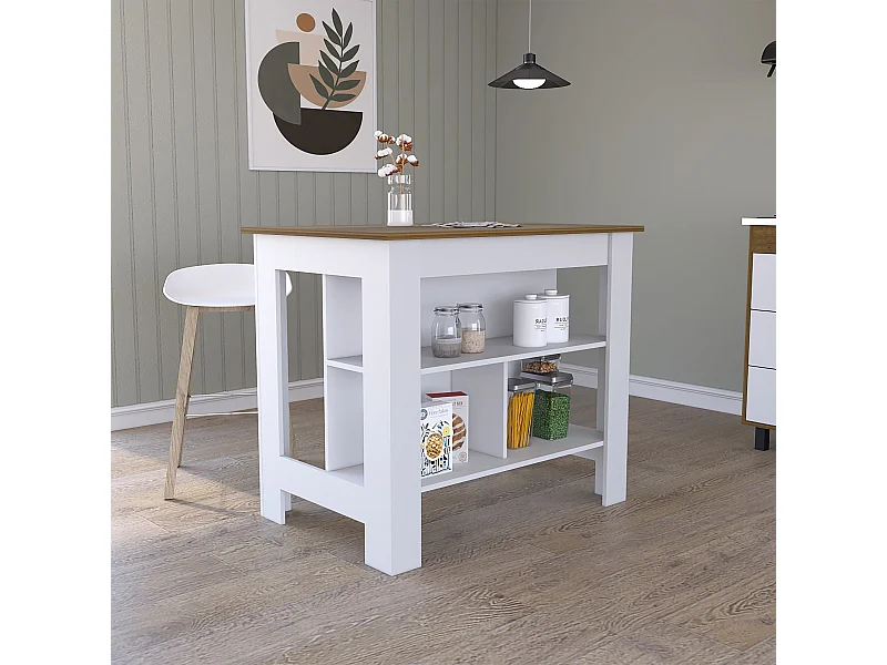 Îlot de cuisine Cala en mélamine avec trois étagères et quatre pieds , Blanc / Caramel 90 X 40.5 X 27.5 cm