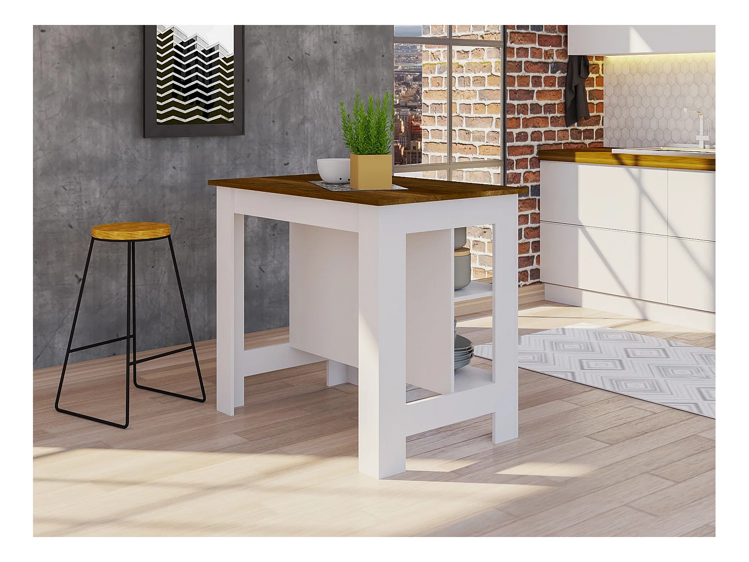 Îlot de cuisine Cala en mélamine avec trois étagères et quatre pieds , Blanc / Caramel 90 X 40.5 X 27.5 cm