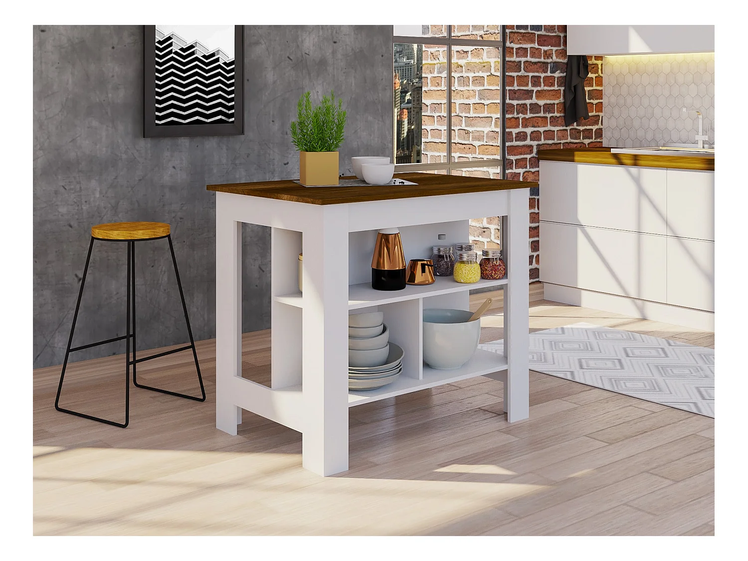 Îlot de cuisine Cala en mélamine avec trois étagères et quatre pieds , Blanc / Caramel 90 X 40.5 X 27.5 cm