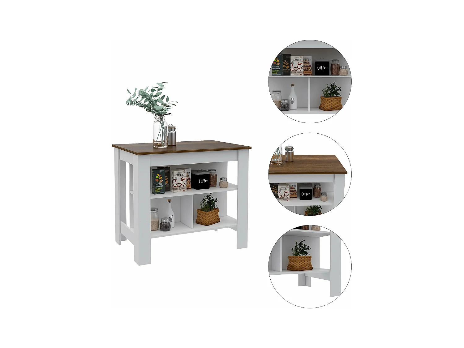 Îlot de cuisine Cala en mélamine avec trois étagères et quatre pieds , Blanc / Caramel 90 X 40.5 X 27.5 cm