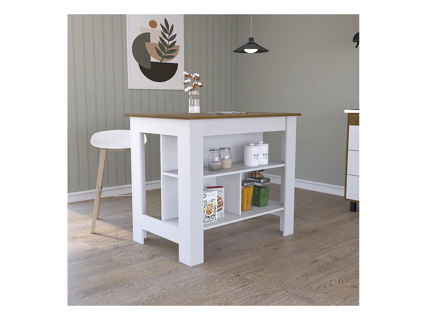 Isla de cocina Cala, tres estantes y cuatro patas 90 CM A X 103 CM An X 70 CM P. Blanco / Caramelo