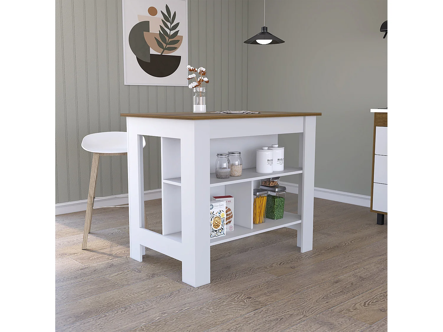 Isola da cucina Cala, tre ripiani e quattro gambe 90 CM L X 103 CM P X 70 CM L X 70 CM P. Bianco / Duna