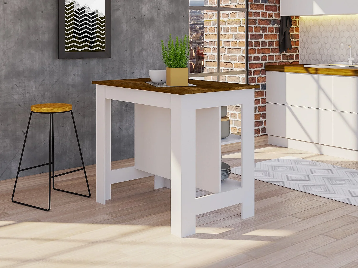 Isola da cucina Cala, tre ripiani e quattro gambe 90 CM L X 103 CM P X 70 CM L X 70 CM P. Bianco / Duna