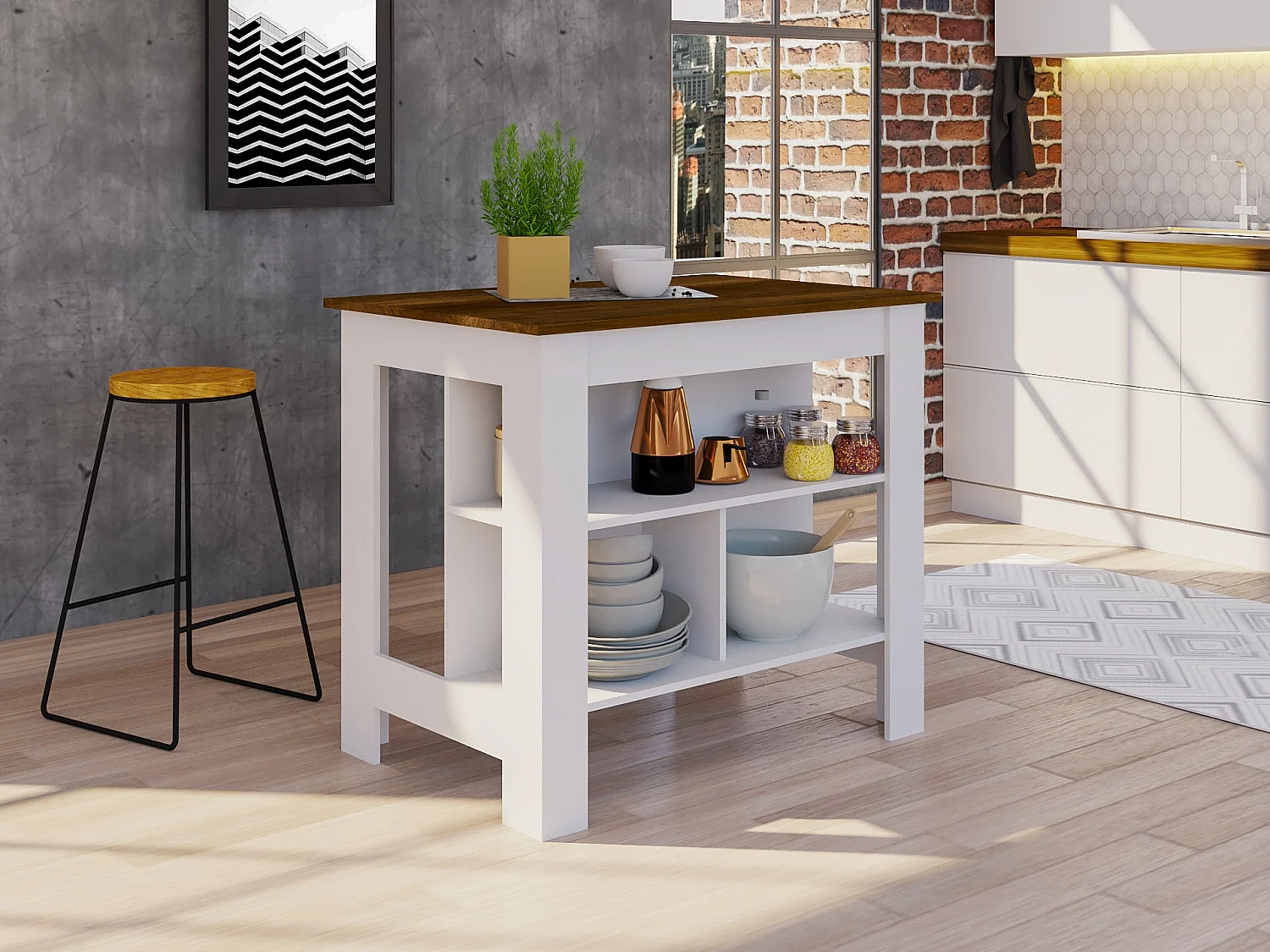 Isola da cucina Cala, tre ripiani e quattro gambe 90 CM L X 103 CM P X 70 CM L X 70 CM P. Bianco / Duna