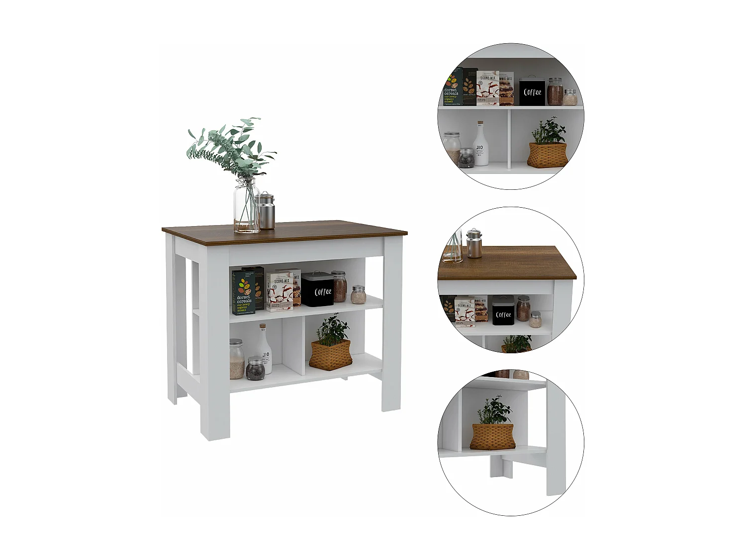 Isola da cucina Cala, tre ripiani e quattro gambe 90 CM L X 103 CM P X 70 CM L X 70 CM P. Bianco / Duna