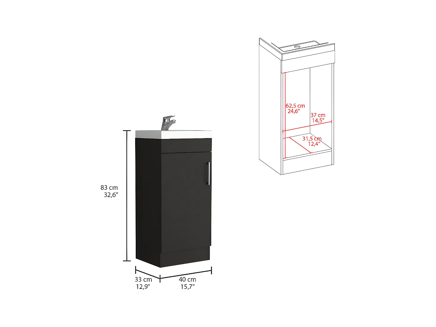 Mobile bagno con lavabo Madrid, con mobile contenitore 83CM L X 33CM P X 40CM L Nero