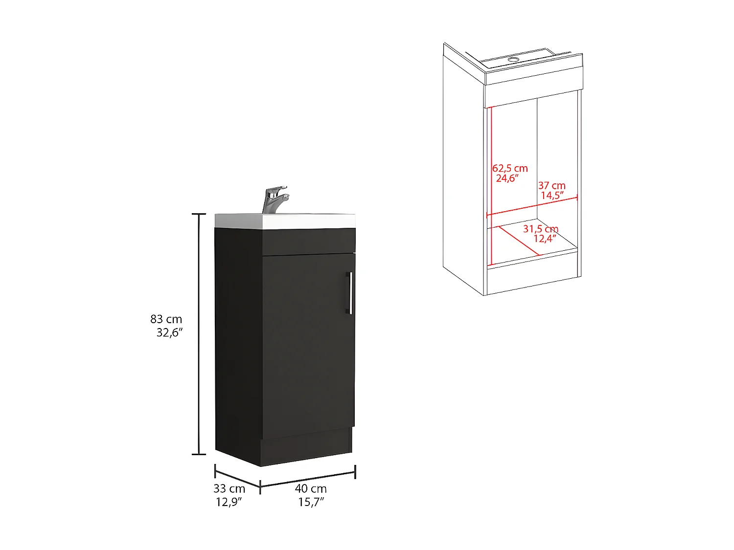 Mobile bagno con lavabo Madrid, con mobile contenitore 83CM L X 33CM P X 40CM L Nero