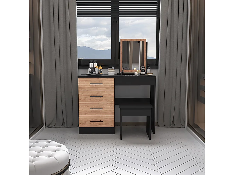 Tavolino da trucco Kaia con specchio e seduta inclusa 126,7 cm L X 100 cm L X 42,5 cm P Nero / Miele