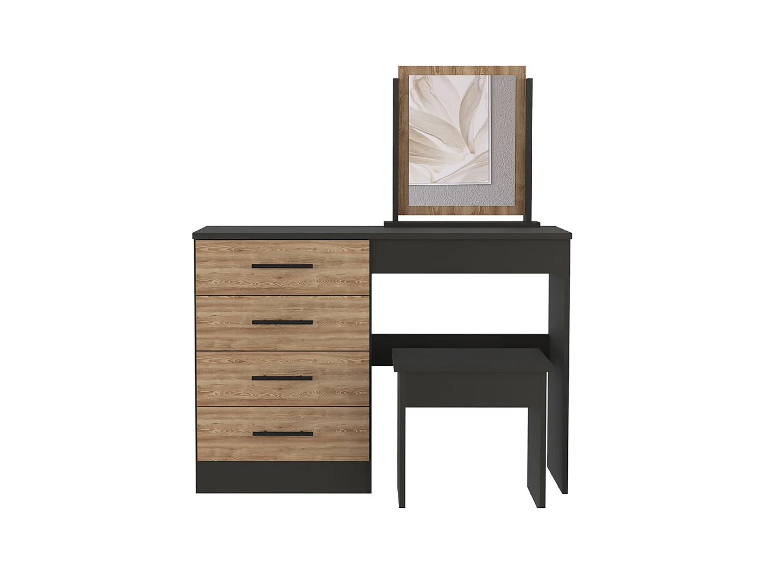 Table de maquillage de miroir Kaia avec 4 tiroirs et siège inclus 126,7 cm à x 100 cm L x 42,5 cm P, Marron Chocolat / gris