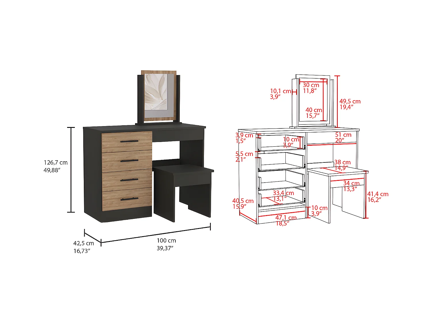 Table de maquillage de miroir Kaia avec 4 tiroirs et siège inclus 126,7 cm à x 100 cm L x 42,5 cm P, Marron Chocolat / gris