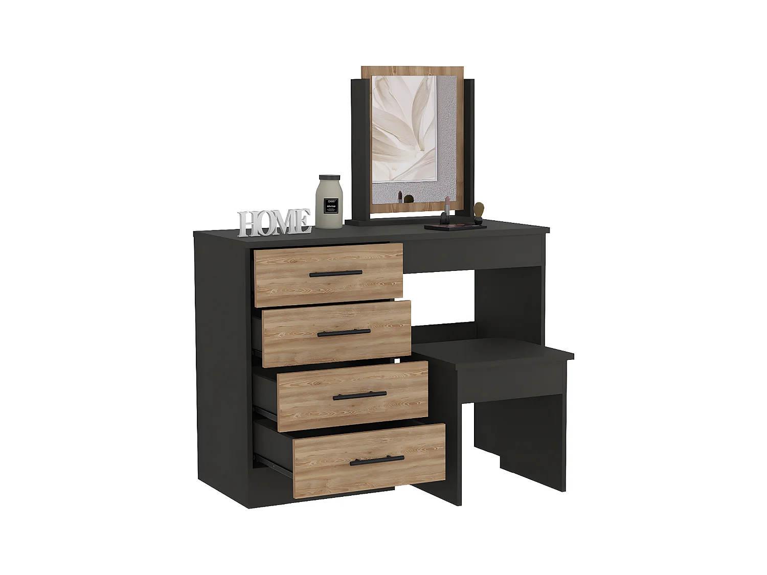 Table de maquillage de miroir Kaia avec 4 tiroirs et siège inclus 126,7 cm à x 100 cm L x 42,5 cm P, Marron Chocolat / gris