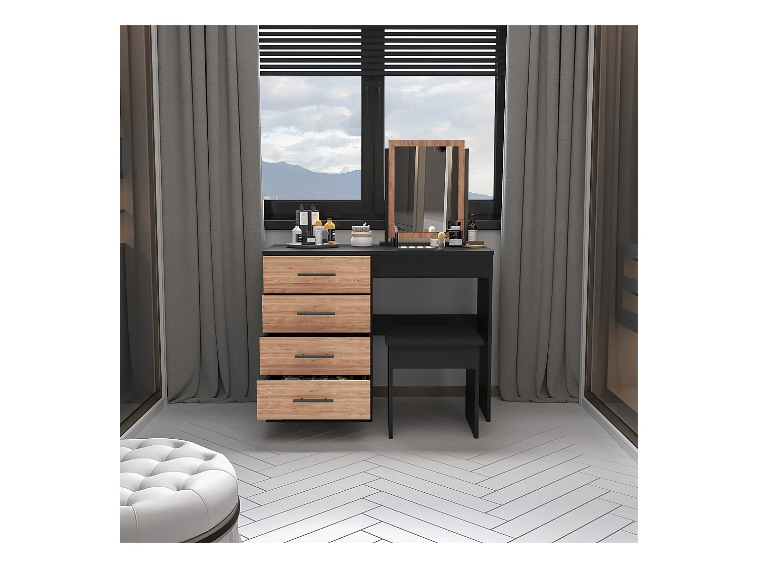 Table de maquillage de miroir Kaia avec 4 tiroirs et siège inclus 126,7 cm à x 100 cm L x 42,5 cm P, Marron Chocolat / gris