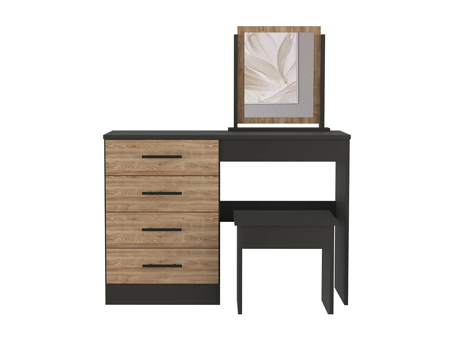 Table de maquillage de miroir Kaia avec 4 tiroirs et siège inclus 126,7 cm à x 100 cm L x 42,5 cm P, Marron Chocolat / gris